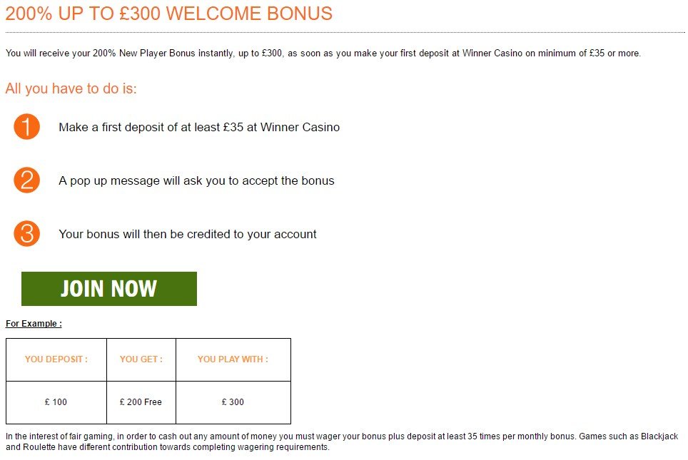 winner casino welcome bonus detials